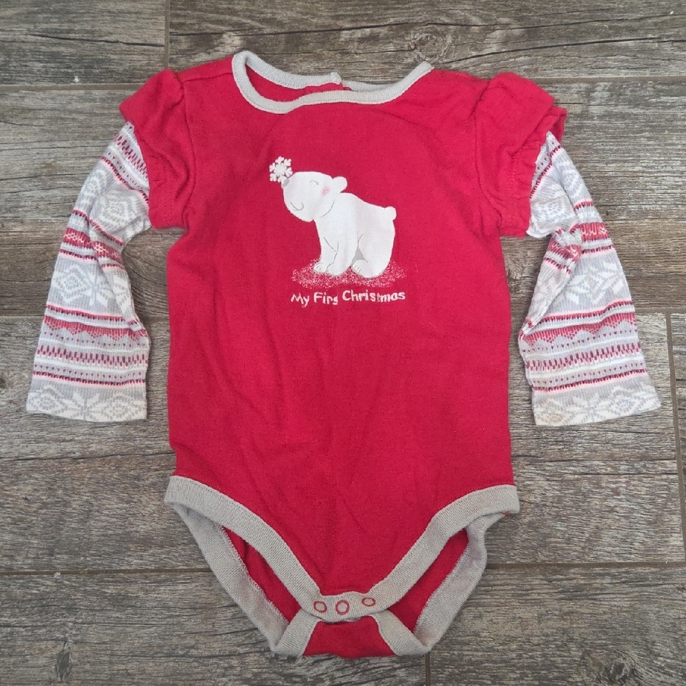Gymboree My First Christmas Long Sleeve Red And Grey Onsie